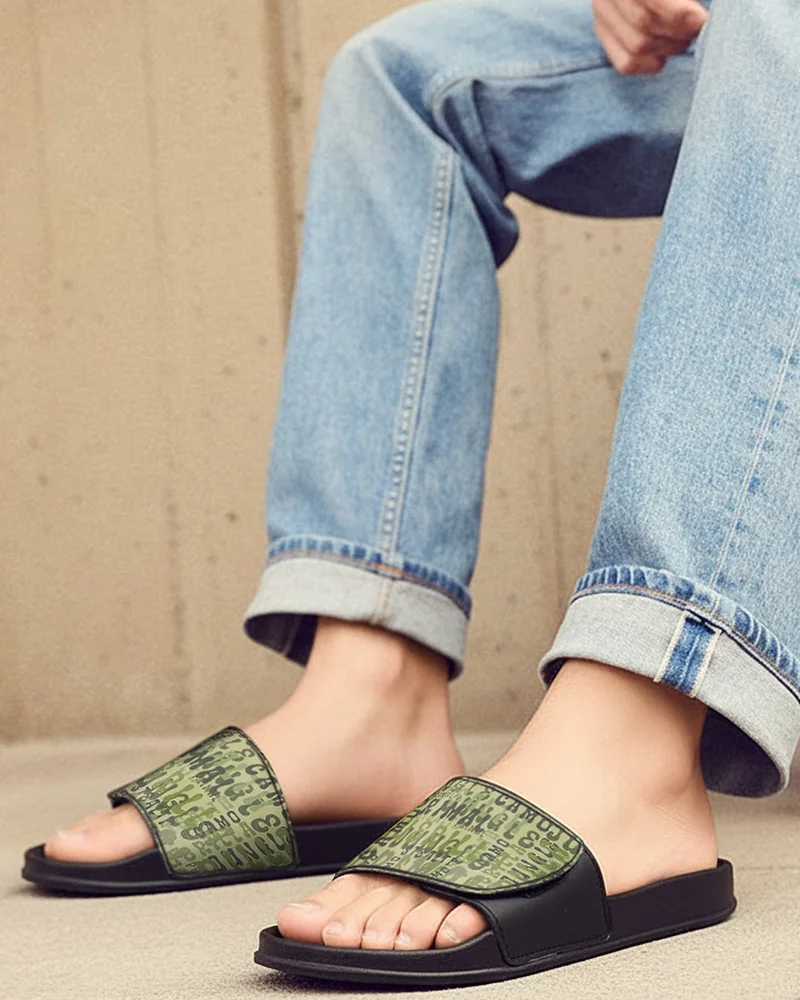 bewakoof Men's Black Guerilla Camo Printed Velcro Sliders